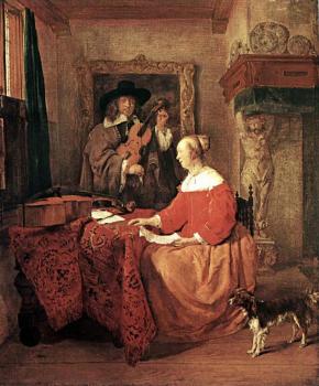 Gabriel Metsu : A Woman Seated at a Table and a Man Tuning a Violin